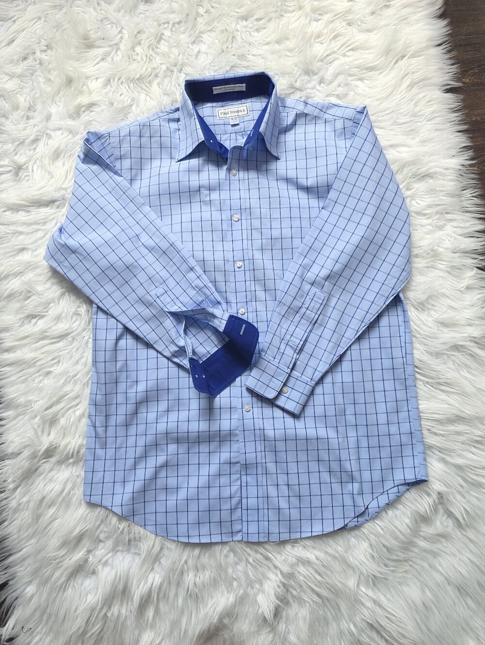 Paul Fredrick Light Blue Windowpane Dress Shirt with Navy Contrast